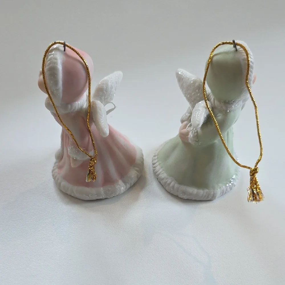 Angel Bell Ornaments - Kissing Angel Bell Ornament Figure Set With Glitter Trim